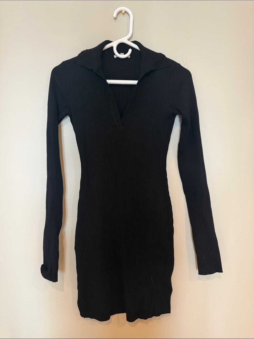 Cotton Citizen Black Ribbed Collared Long-Sleeve Dress
